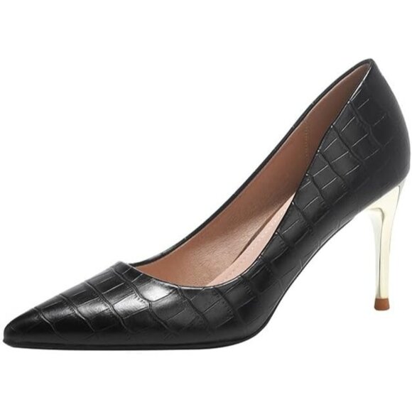 Women's Black Pointed Toe Stiletto Superfoam Cushioning Pull-on High Heel Pumps - Picture 1 of 6